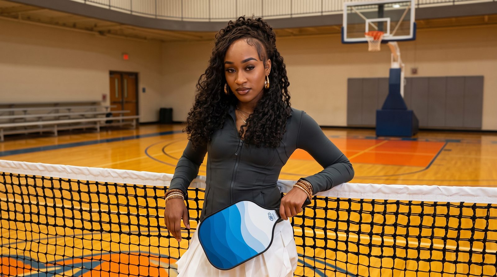 Pickleball player at the net on the gym's hardwood court